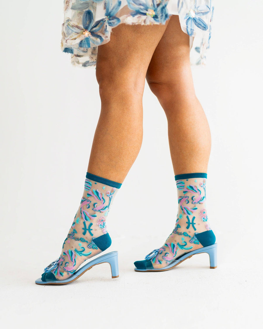 Pisces Zodiac Shimmer Sheer Crew Sock