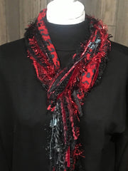 Red and Black Scarf with Beads & Ribbons - Artisan Made Robin Boutique