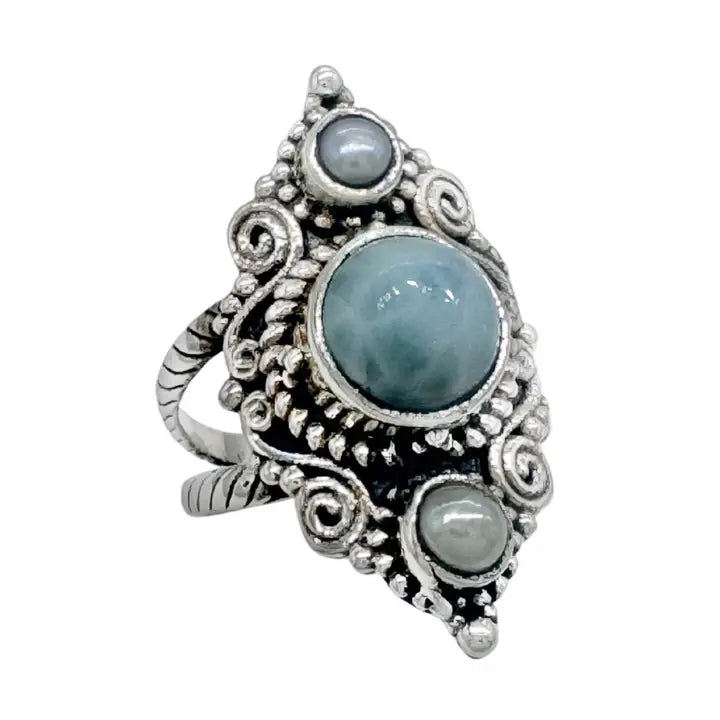 Ocean's Whisper Larimar and Pearl Ring