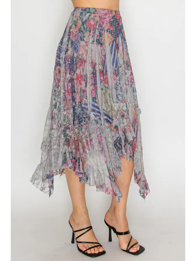 All-Sparkly Romantic Lace Skirt in Bold Floral by Origami Robin Boutique