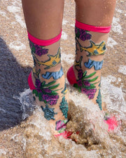 JAWS Aquatic Florals Shimmer Sheer Crew Sock