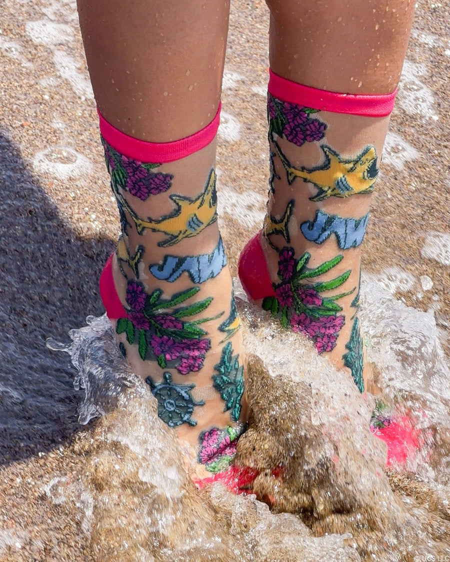 JAWS Aquatic Florals Shimmer Sheer Crew Sock