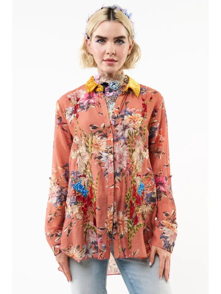Gardenia Embroidered Shirt by Aratta