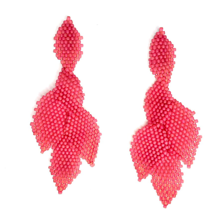Statement Earring with 5 Beaded Leaves - Magenta Matte Robin Boutique