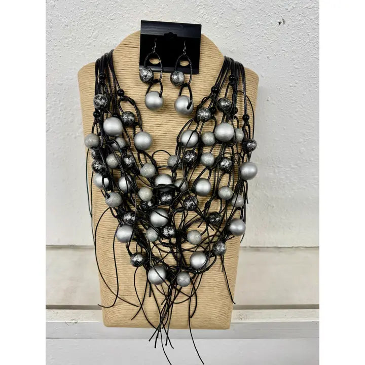 Silver and Black Wood Bead Mix Necklace Set