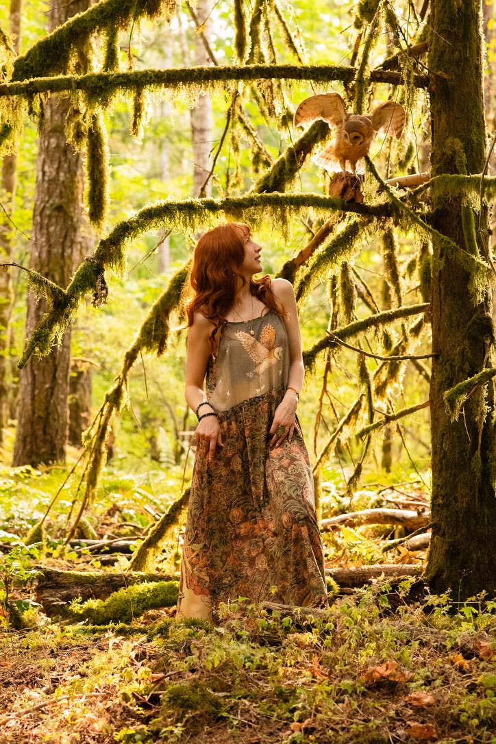 Woodland Wisdom Bohéme Maxi Slip Dress w/ Florals, Fox & Owl