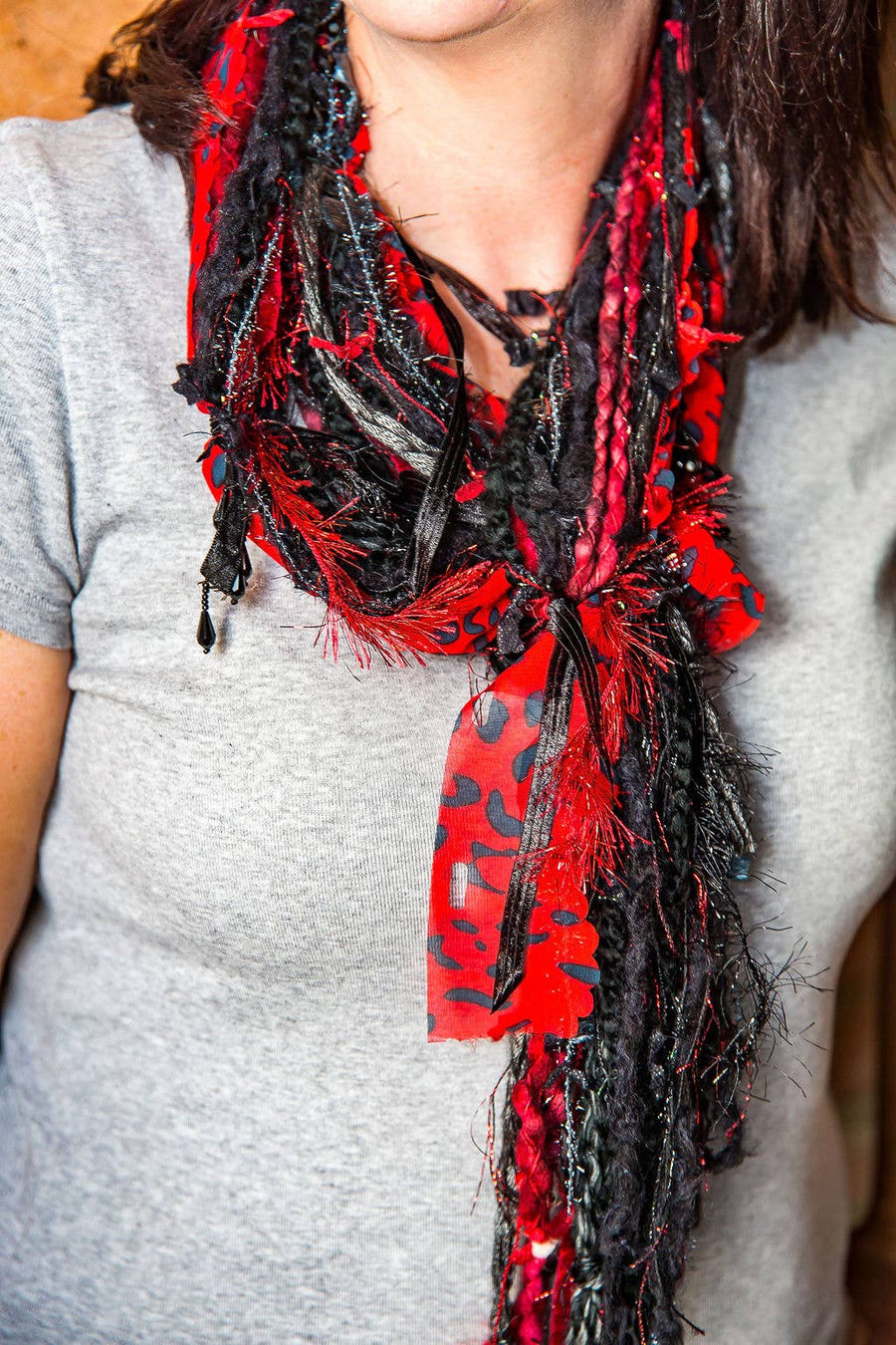 Red and Black Scarf with Beads & Ribbons - Artisan Made Robin Boutique