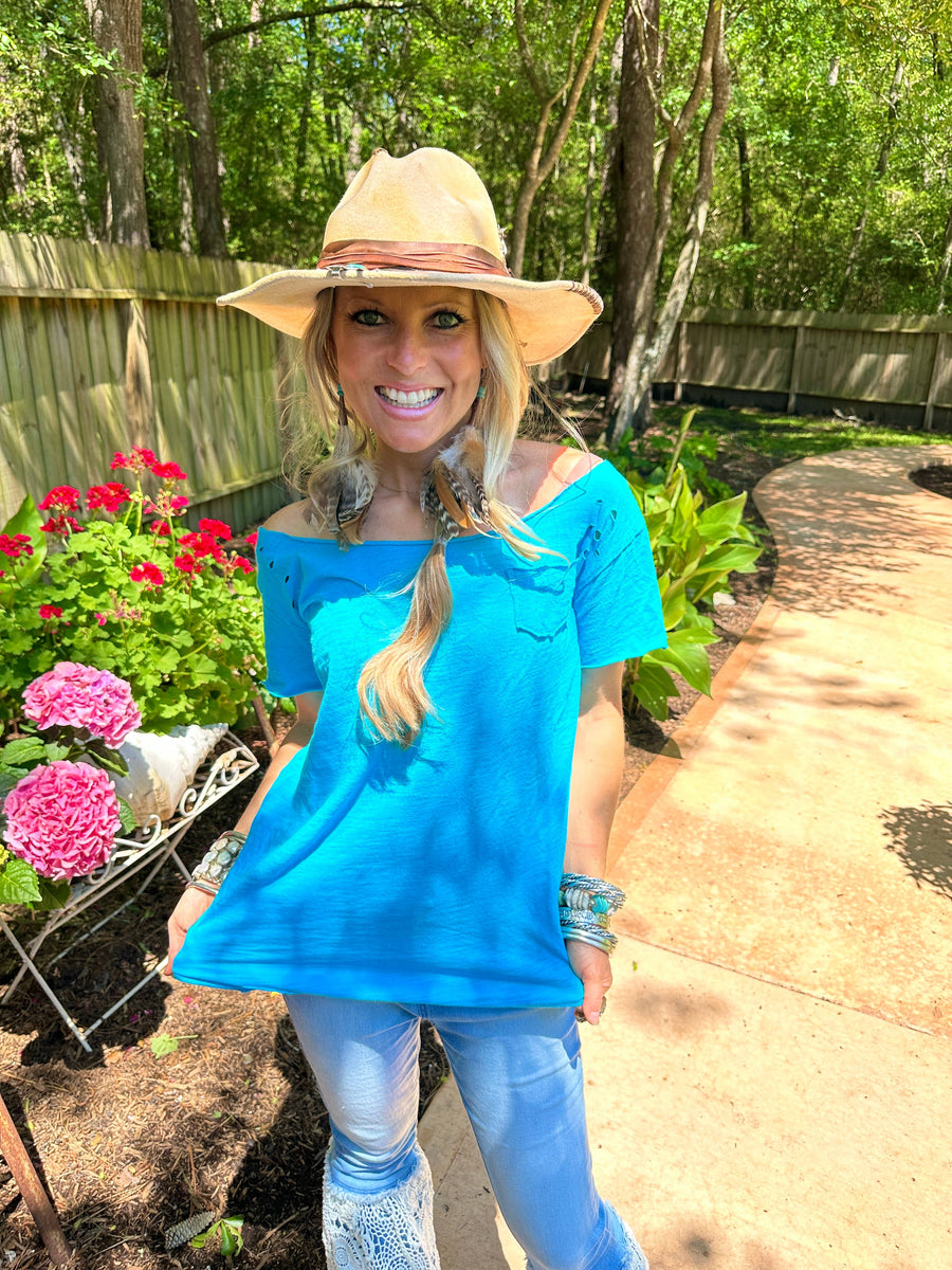 Electric Blue Rip Tattered Shirt by A Rare Bird Robin Boutique