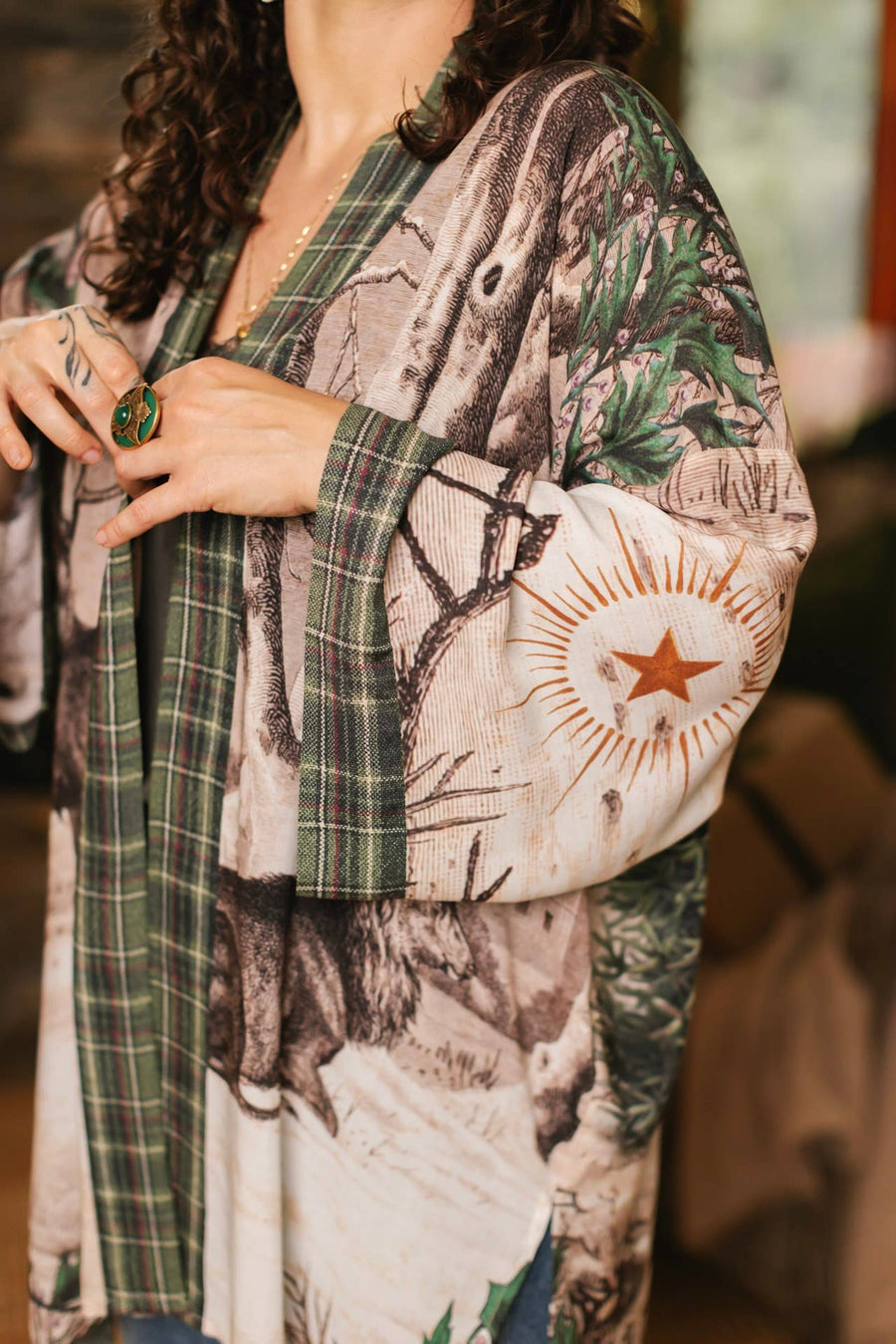 Winter Wish Christmas Plaid Bamboo Kimono Cardigan with Belt