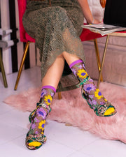 Mixed Sunflowers Black Sheer Crew Sock Robin Boutique