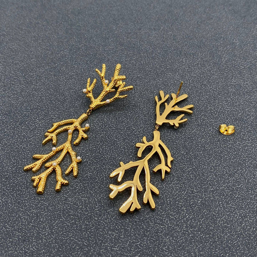 Inlaid Pearl Coral 18K Gold Plated Post Earrings