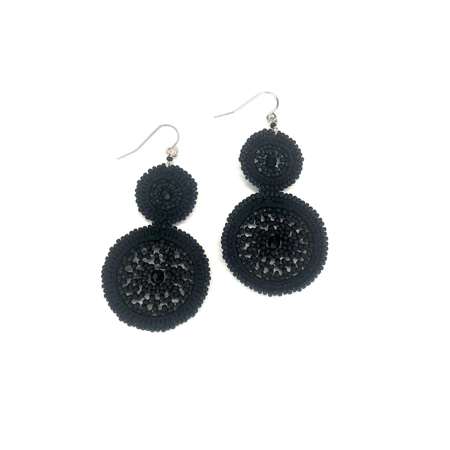 Beaded macrame dangle double round earring-Black Matte by KVZ Robin Boutique