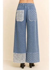 Checked Denim Lace Patch Wide Leg Pants by Davi & Dani