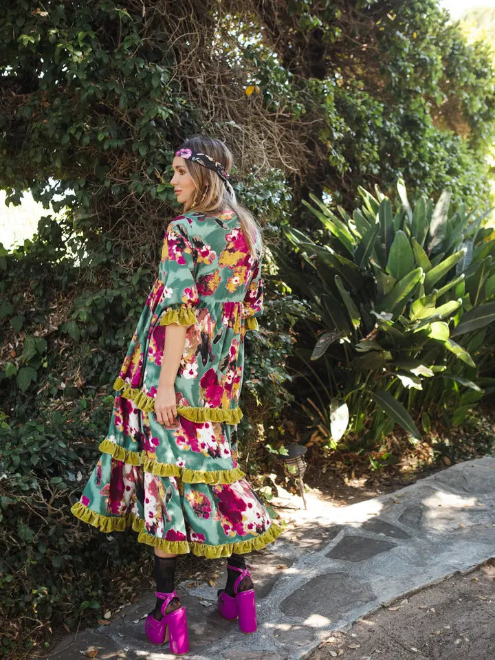 Fuchsia Fae Velvet Ruffle Maxi Dress