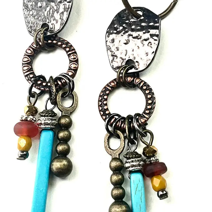Hammered Disc Link Dangles Drop Earrings