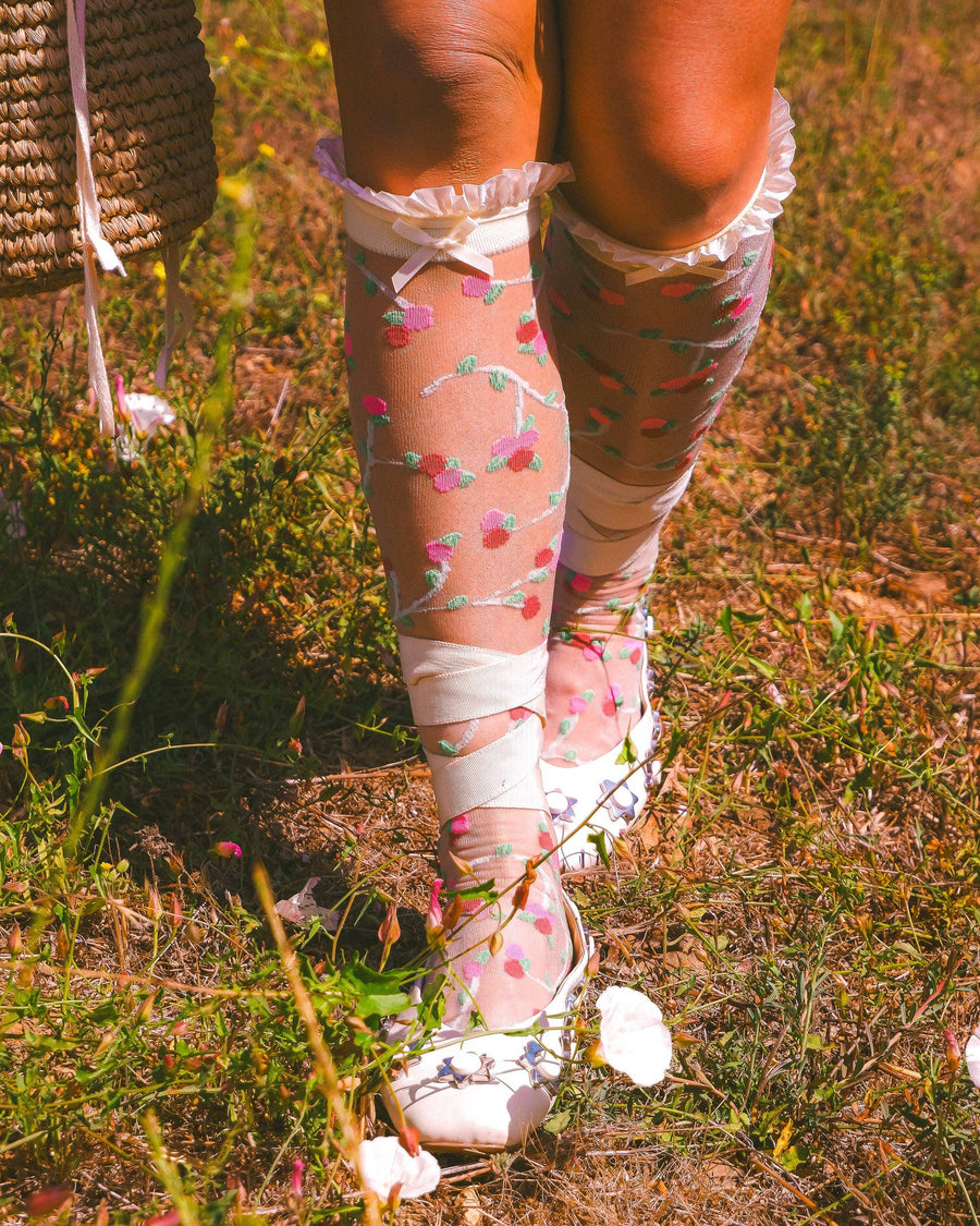 Sheer Rosettes Ruffle Bow Knee High Sock
