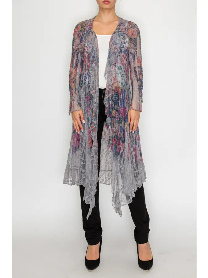 All Lace Long Cardigan in Bold Floral by Origami