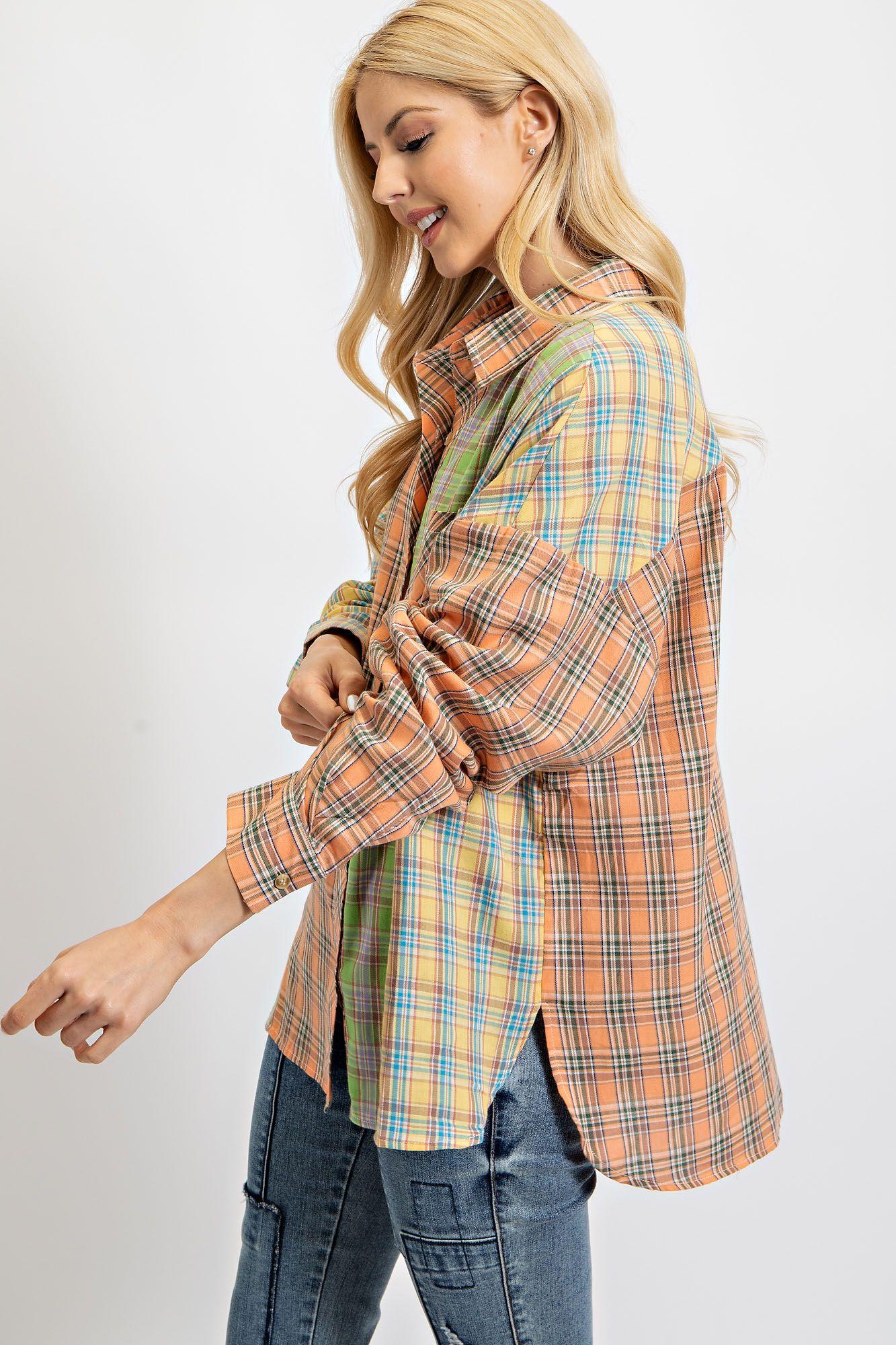Multi Color Mineral Washed Plaid Button Down by Easel ET70010 - Robin Boutique-Boutique 