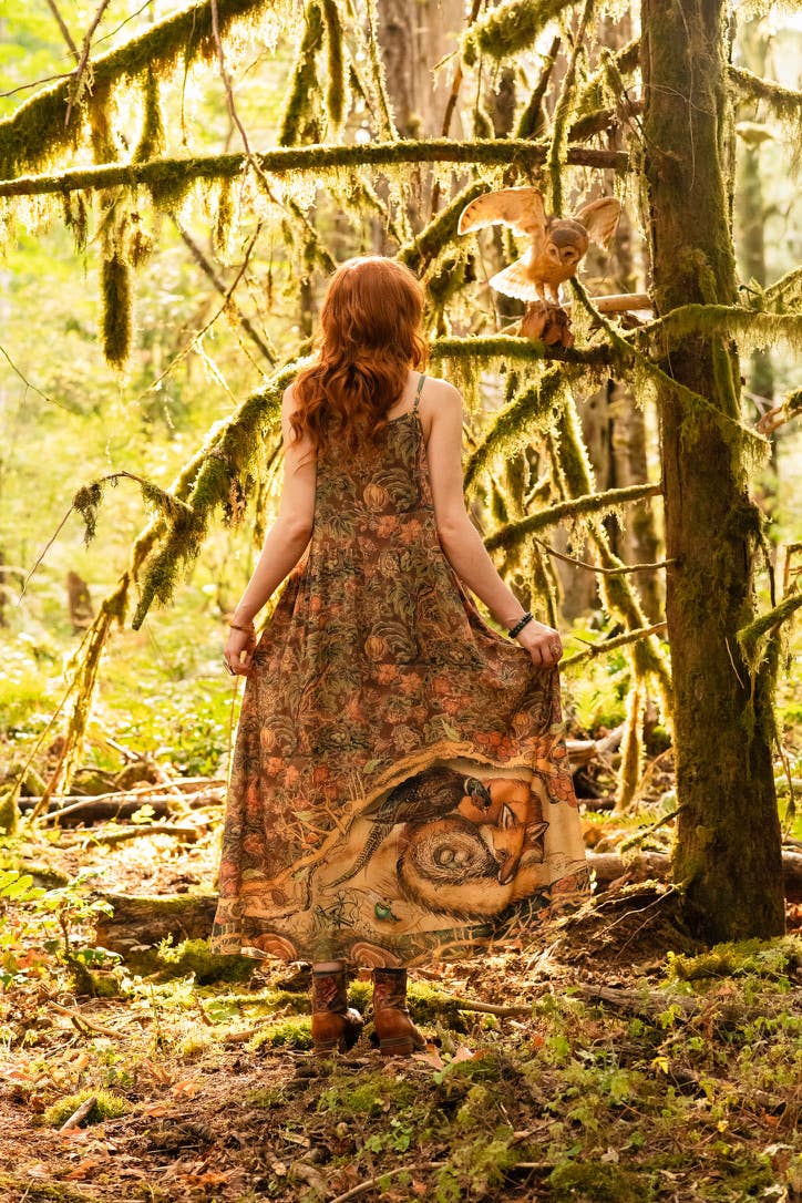 Woodland Wisdom Bohéme Maxi Slip Dress w/ Florals, Fox & Owl