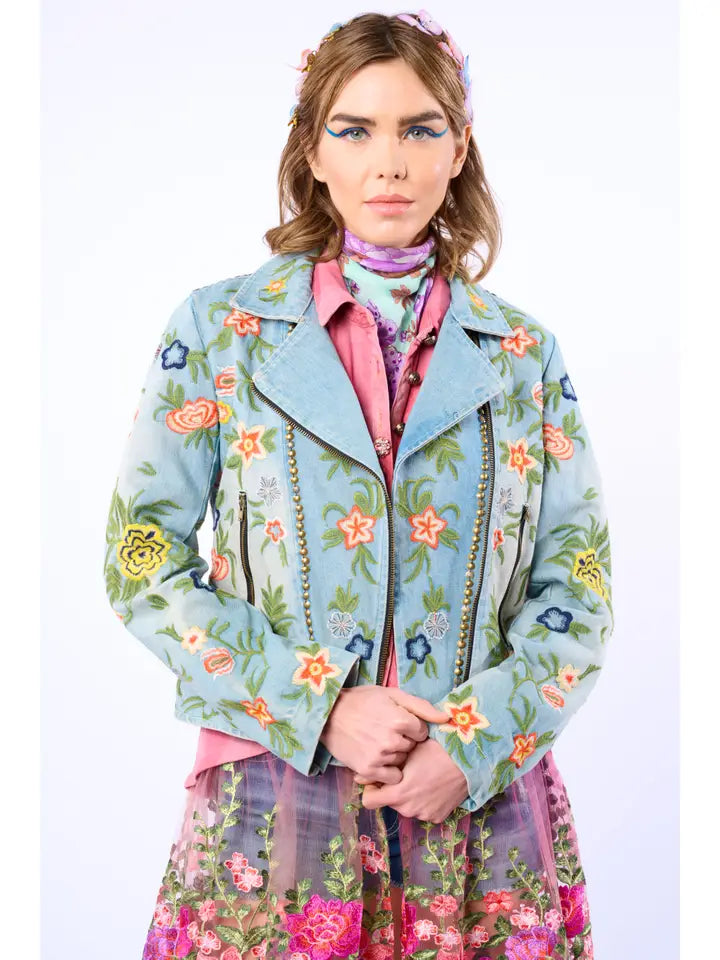 Lucinda Embroidered Denim Motorcycle Jacket by Aratta - Robin Boutique