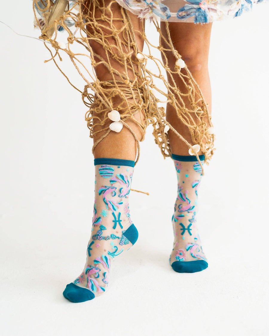 Pisces Zodiac Shimmer Sheer Crew Sock