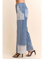 Checked Denim Lace Patch Wide Leg Pants by Davi & Dani