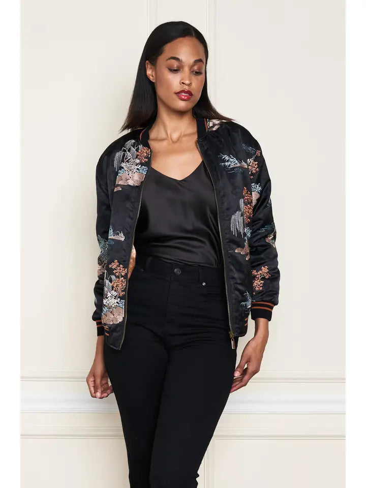 Satin Jacquard Embroidered Bomber Jacket by Paparazzi Robin Boutique