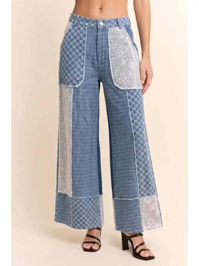 Checked Denim Lace Patch Wide Leg Pants by Davi & Dani