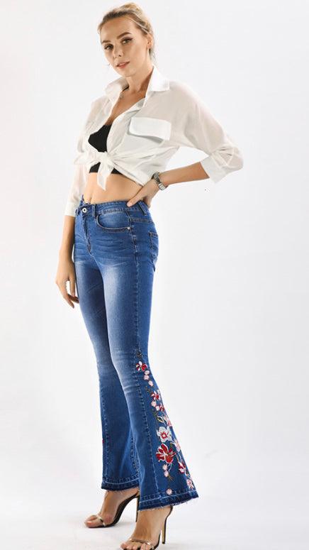 Embroidered Bell Bottom Flare Stretch denim jeans - Robin Boutique-Boutique 