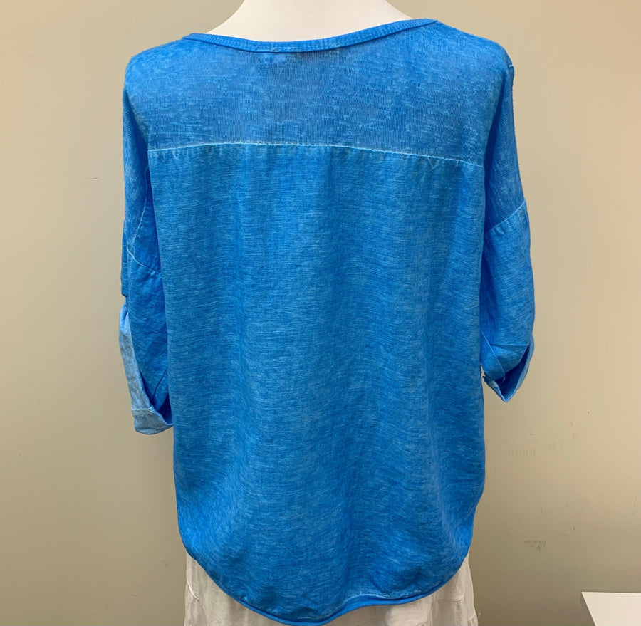 Linen 3/4 sleeve V-Neck Top K2041148 Turquoise - Robin Boutique-Boutique 