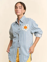 Striped Peace Maker Daisy Applique Button Down Shirt by Davi & Dani