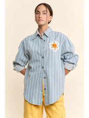 Striped Peace Maker Daisy Applique Button Down Shirt by Davi & Dani