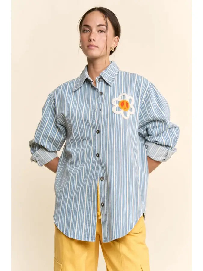 Striped Peace Maker Daisy Applique Button Down Shirt by Davi & Dani