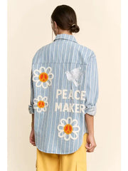 Striped Peace Maker Daisy Applique Button Down Shirt by Davi & Dani