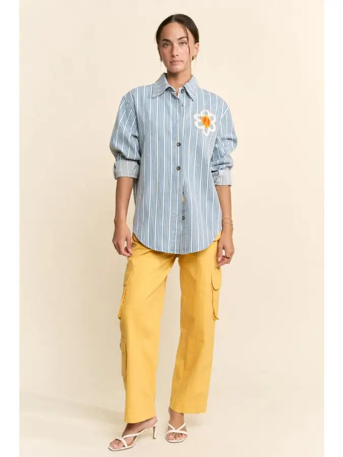 Striped Peace Maker Daisy Applique Button Down Shirt by Davi & Dani