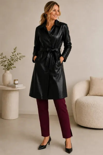 Vegan Leather Self Sash Trench Coat