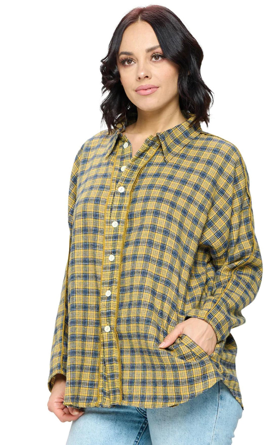 Yak Yeti Plaid button up plaid blouse in organis soft fabrics - Robin Boutique-Boutique 