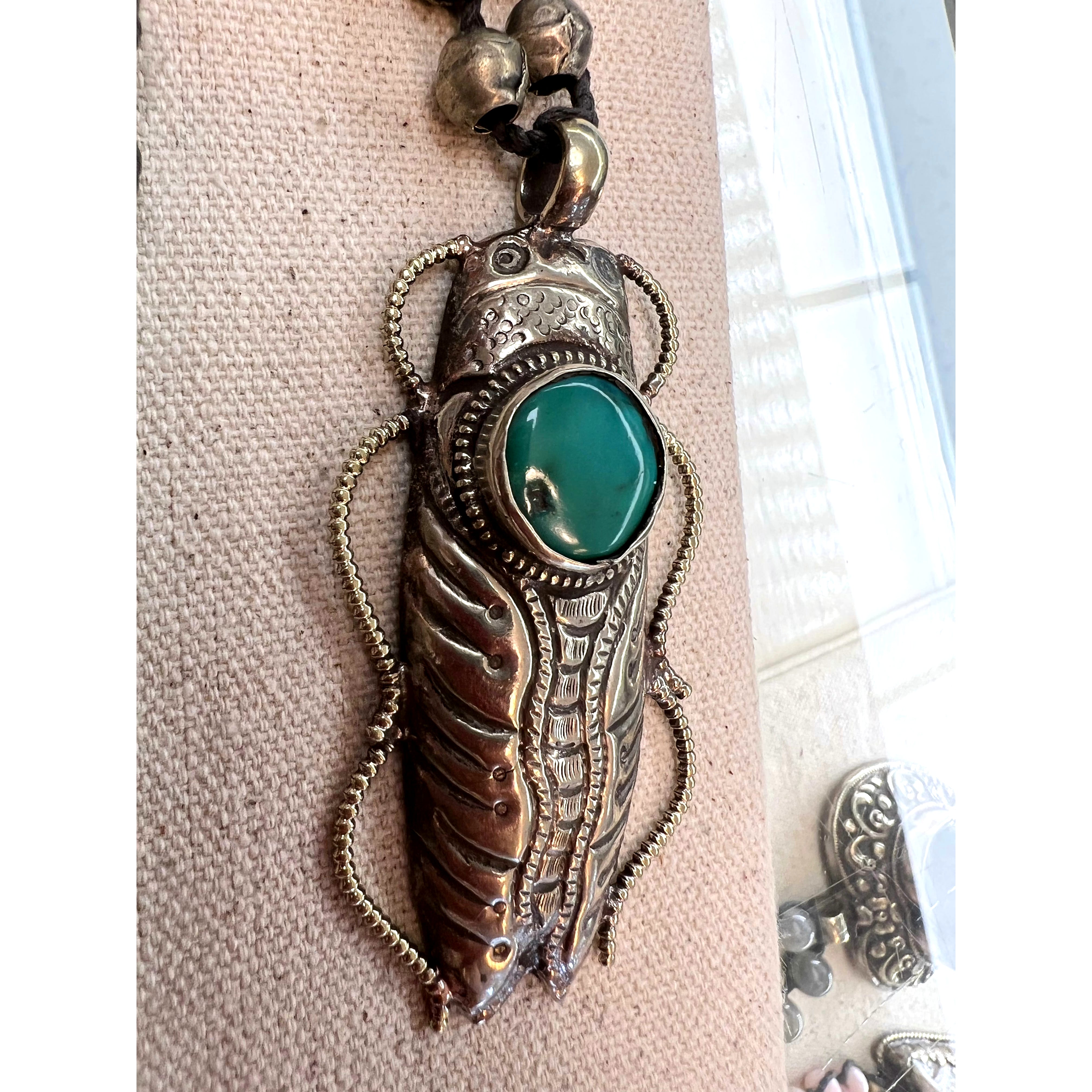 Large Silver Cicade with Turquoise Center necklace - Robin Boutique
