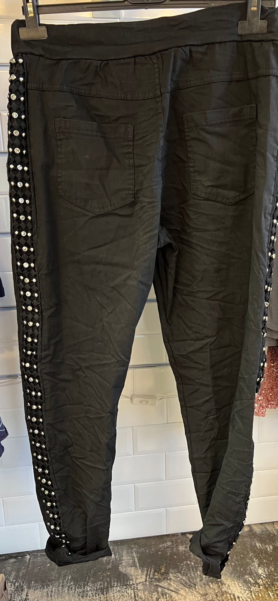 Dis Moi Italian One Size Pants in Black with Rhinestone Net Sides 60387 - Robin Boutique-Boutique 