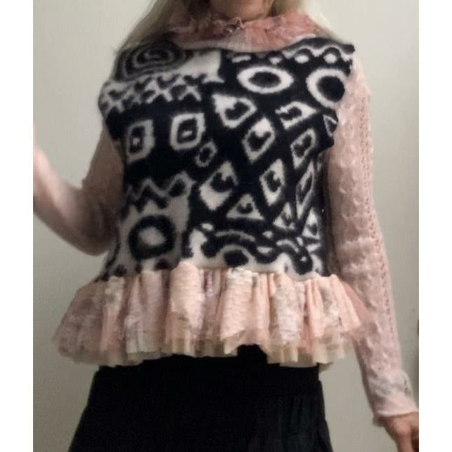 Repurposed Angora Mohair pullover cropped sweater in black, white and pinks. One size - Robin Boutique-Boutique    &.  Reloved Fabrics