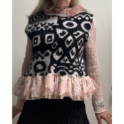 Repurposed Angora Mohair pullover cropped sweater in black, white and pinks. One size - Robin Boutique-Boutique    &.  Reloved Fabrics