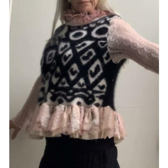Repurposed Angora Mohair pullover cropped sweater in black, white and pinks. One size - Robin Boutique-Boutique    &.  Reloved Fabrics