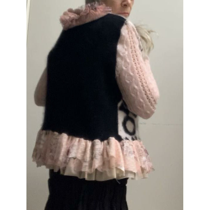 Repurposed Angora Mohair pullover cropped sweater in black, white and pinks. One size - Robin Boutique-Boutique    &.  Reloved Fabrics