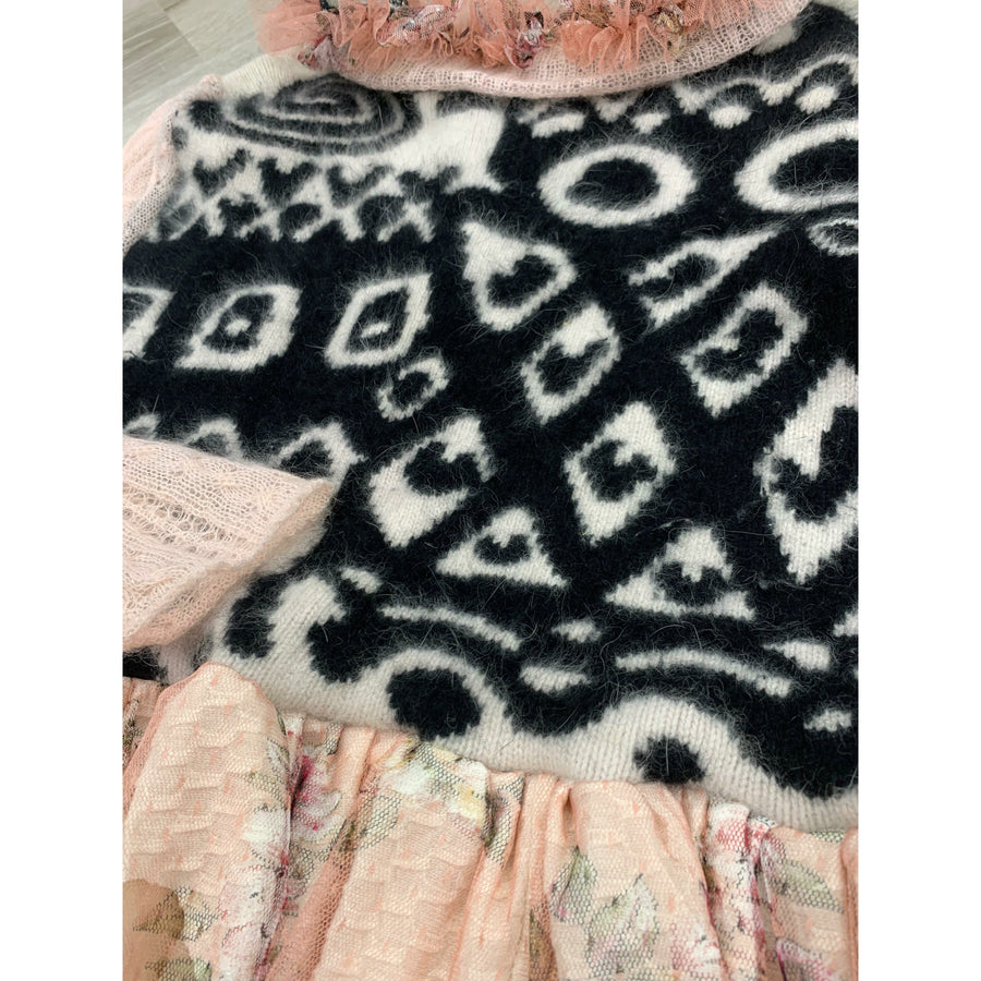 Repurposed Angora Mohair pullover cropped sweater in black, white and pinks. One size - Robin Boutique-Boutique    &.  Reloved Fabrics