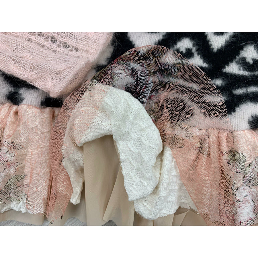 Repurposed Angora Mohair pullover cropped sweater in black, white and pinks. One size - Robin Boutique-Boutique    &.  Reloved Fabrics