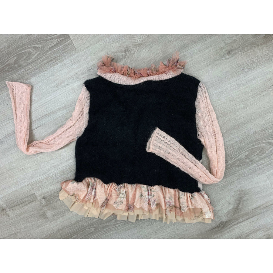 Repurposed Angora Mohair pullover cropped sweater in black, white and pinks. One size - Robin Boutique-Boutique    &.  Reloved Fabrics