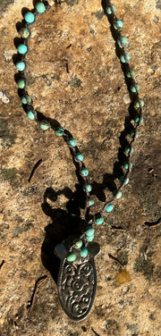 Carved Bone Wolf Necklace in Ornate Silver Casing and Turquoise Beaded Chain - Robin Boutique-Boutique 