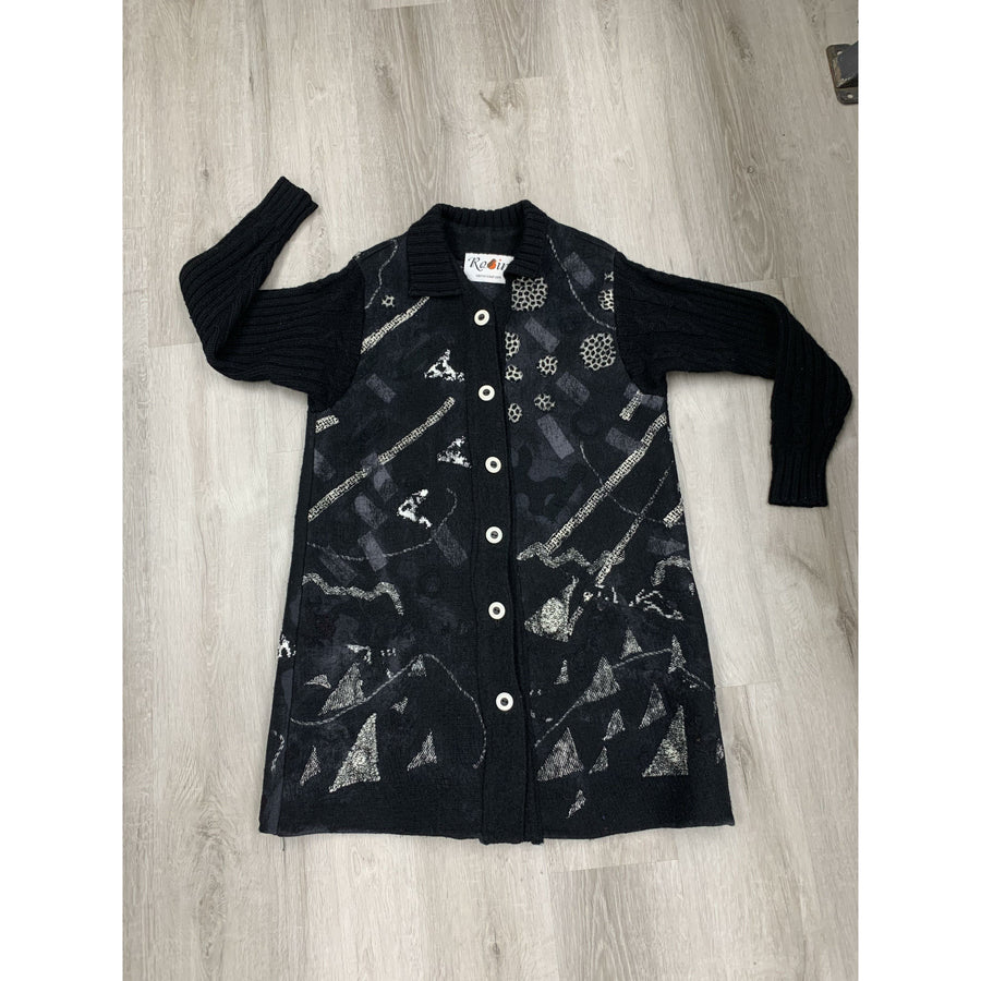 Black and White Dots Hand Felt Wool Coat - Robin Boutique-Boutique    &.  Reloved Fabrics