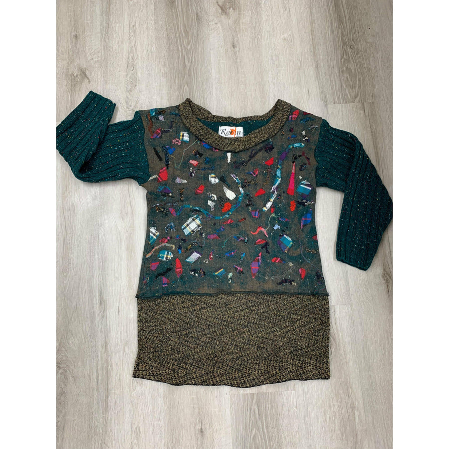 Green and brown wool pullover felted sweater jumper in recycled fabrics - Robin Boutique-Boutique 