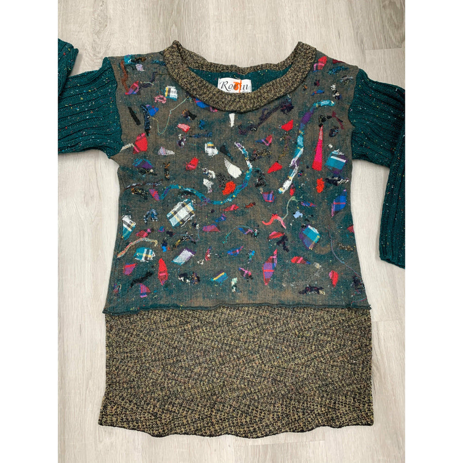 Green and brown wool pullover felted sweater jumper in recycled fabrics - Robin Boutique-Boutique 